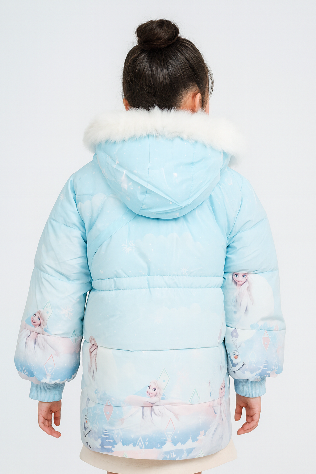 Back view of a light blue Frozen-themed winter jacket with a white faux fur hood, featuring Elsa and Olaf prints on the sleeves and lower back
