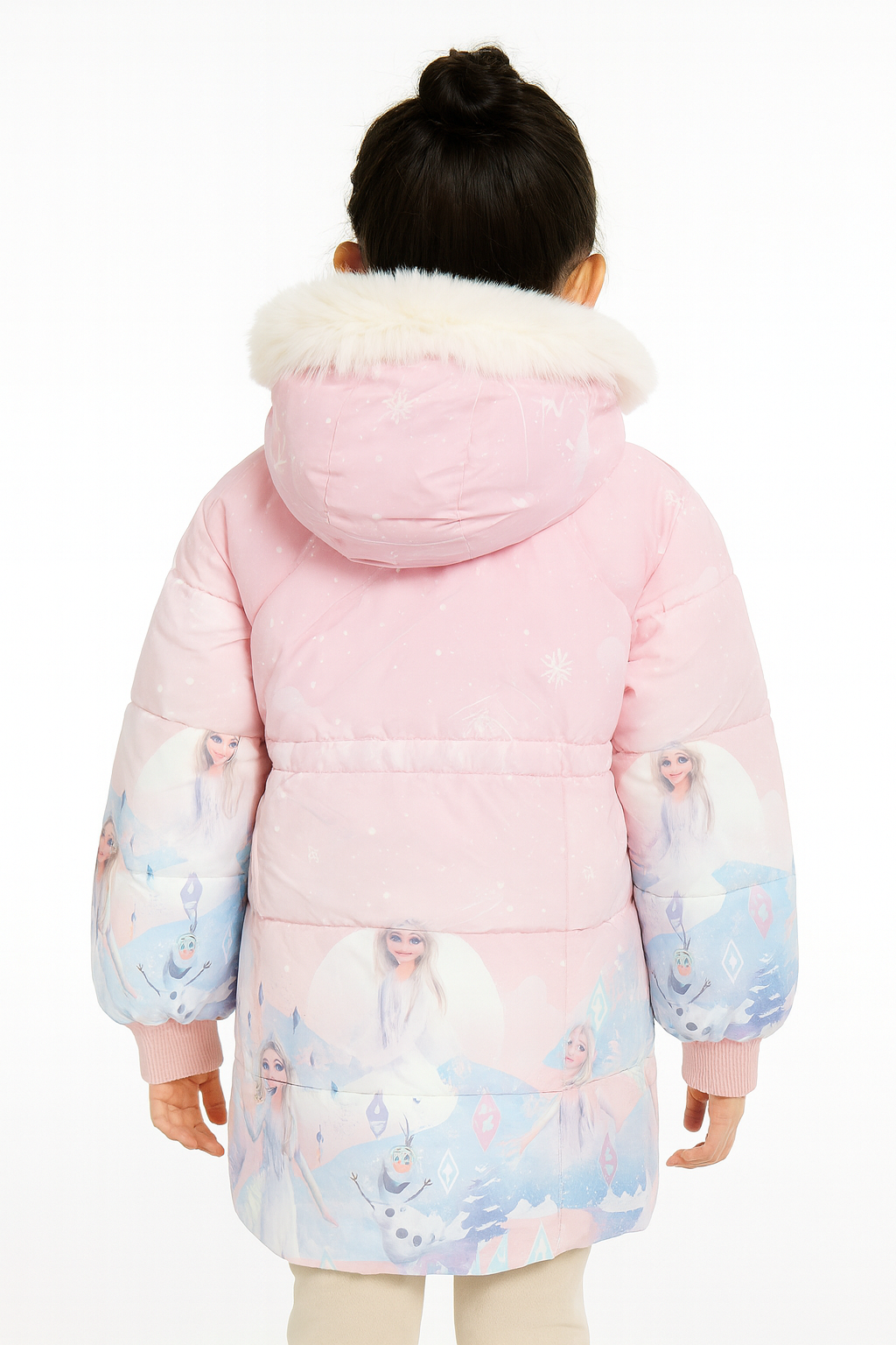 Back view of a light pink winter jacket with a white faux fur hood, featuring Frozen-themed graphics of Elsa and Olaf on the sleeves and lower back.