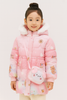 Premium Pink Winter Jacket for Girls with Cute Cartoon Prints & Faux Fur Hood