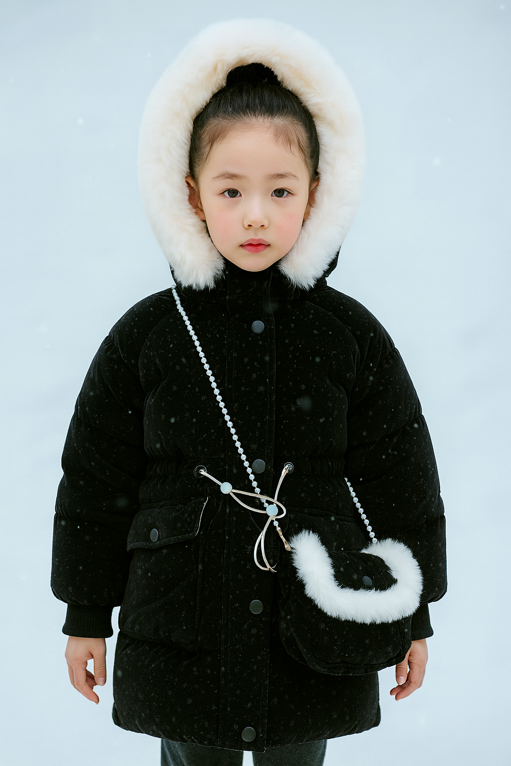 winter coat with white faux fur trim on the hood, paired with a matching black and white faux fur handbag and pearl strap