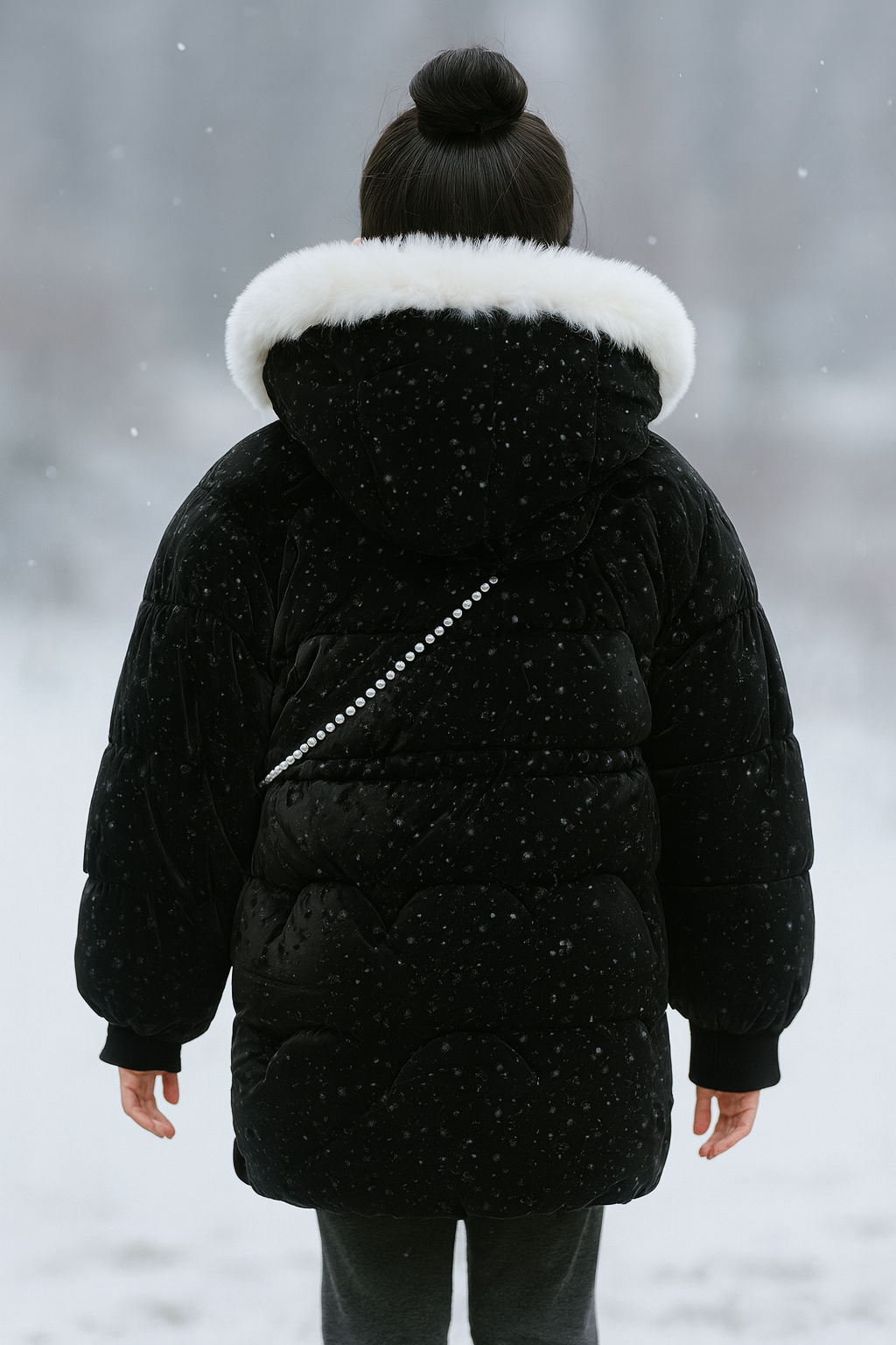 a black winter coat with white faux fur hood trim, pearl strap detail