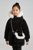 Premium Black Winter Kids Jacket with White Faux Fur Hood & Stylish Crossbody Detail