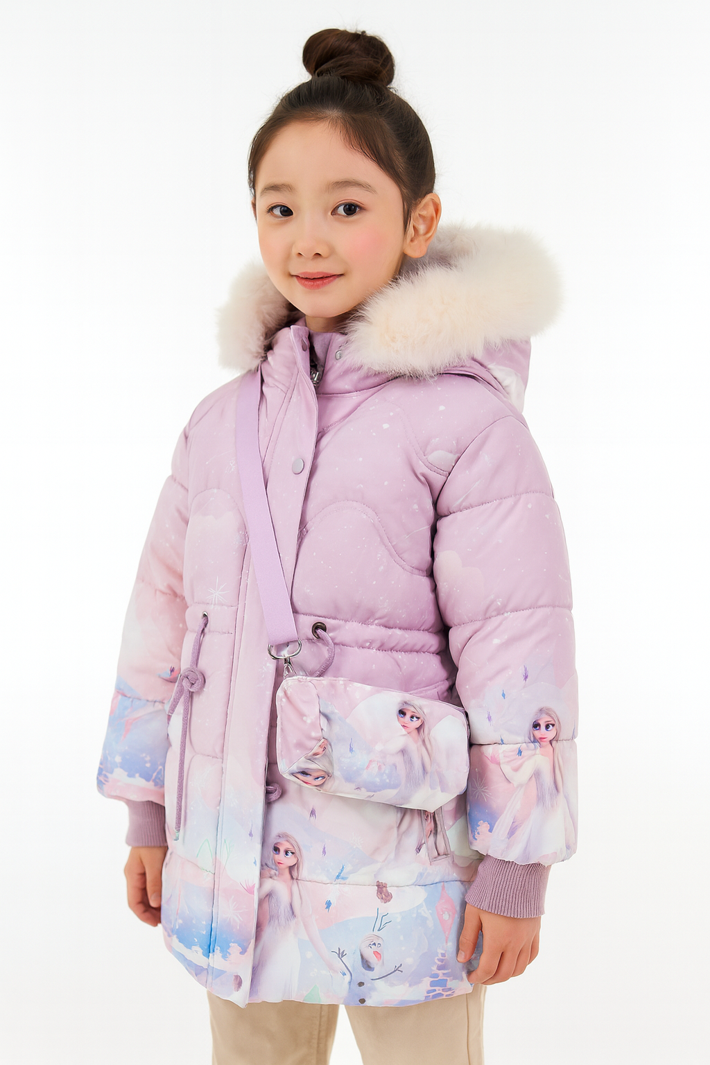 a light purple winter jacket with white faux fur hood, featuring Frozen character prints of Elsa and Olaf, paired with a matching crossbody bag