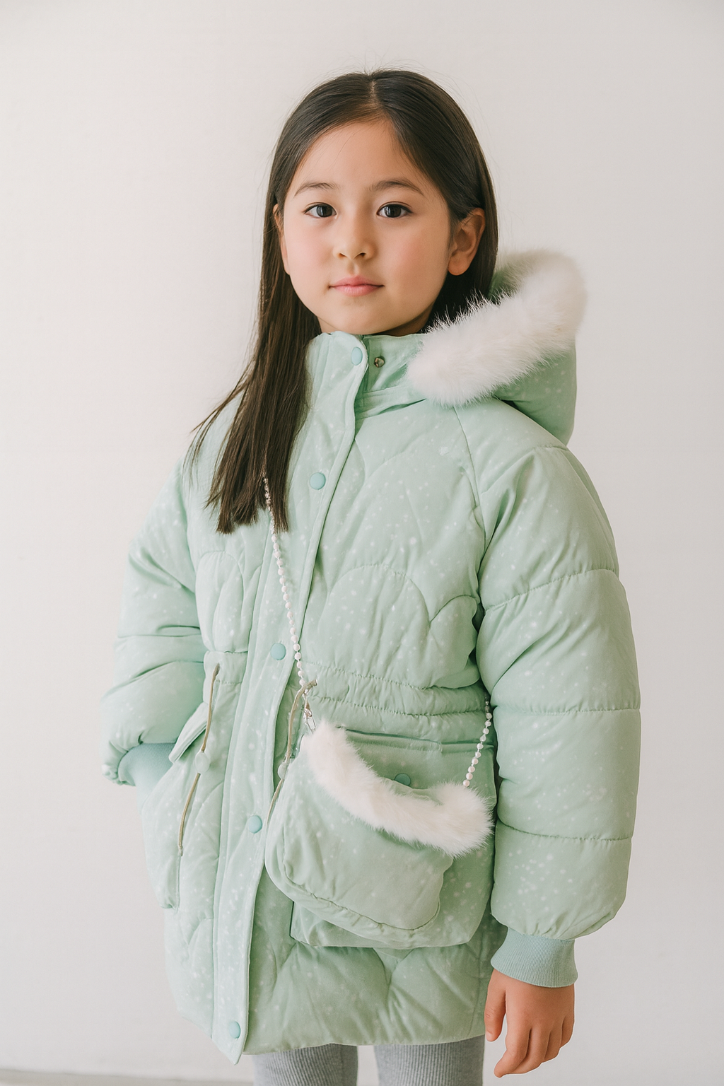 a mint green padded winter coat with a fur-trimmed hood and matching fur-accented crossbody bag