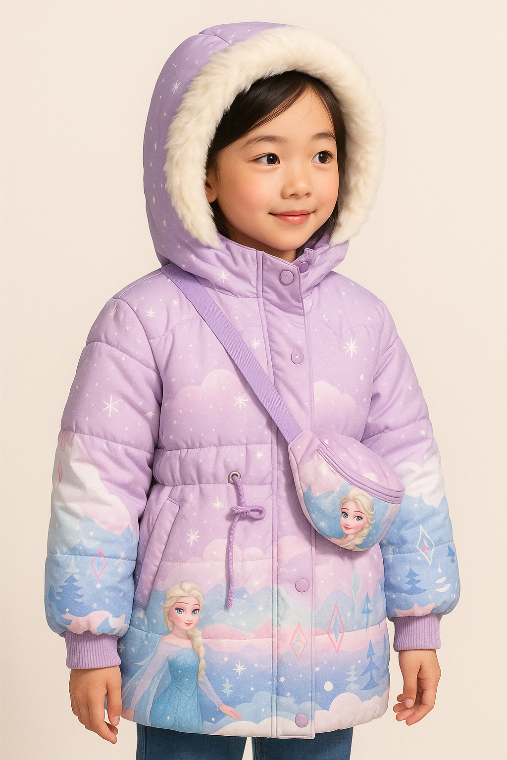a light purple puffer jacket with white faux fur hood trim, featuring Frozen character Elsa print and matching crossbody bag