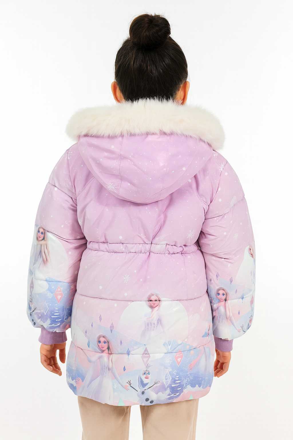 Back view of  a light purple puffer jacket with white faux fur hood trim, featuring Frozen character prints of Elsa and Olaf against a snowy, pastel background design