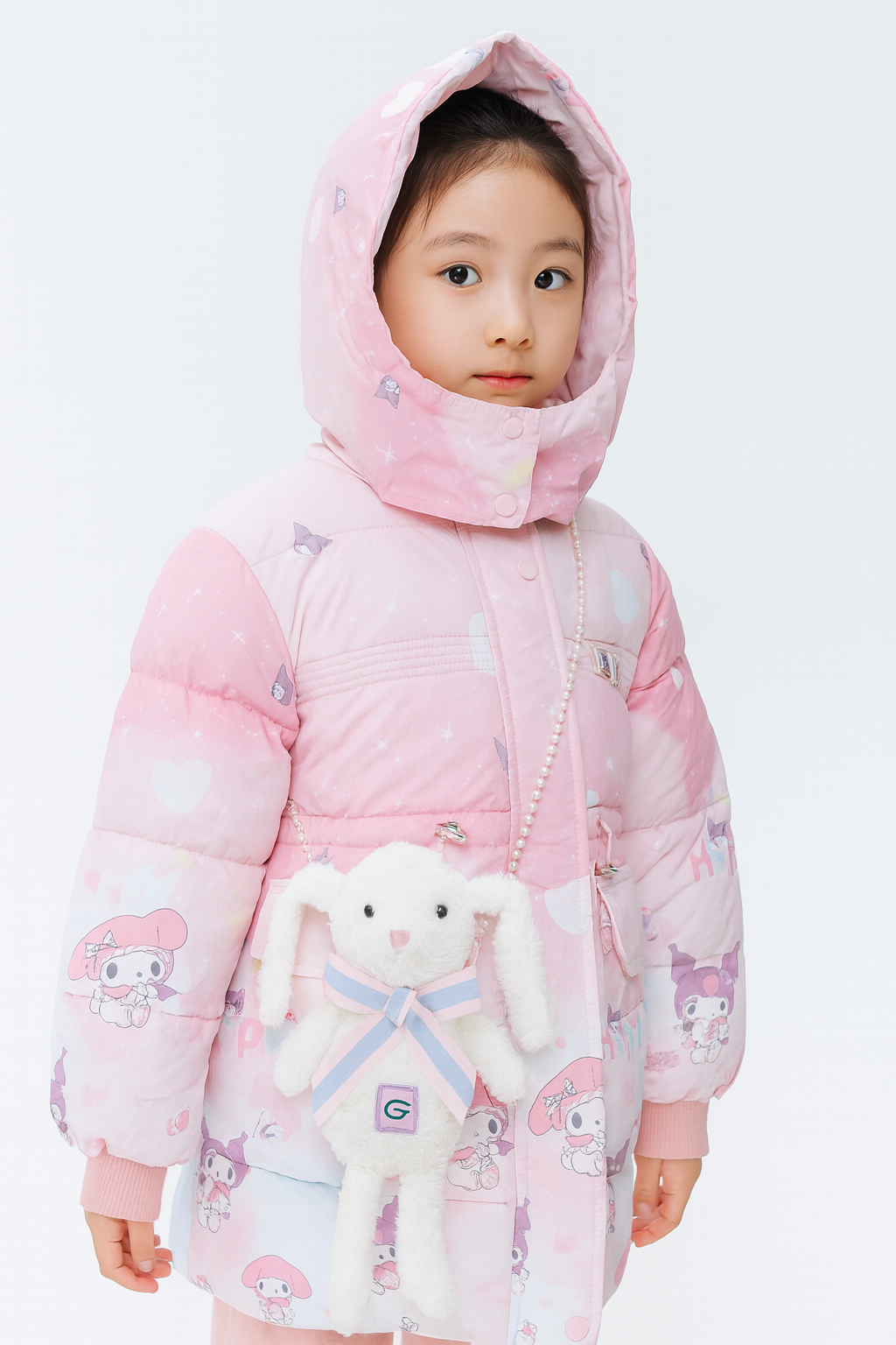 a hooded light pink puffer jacket with My Melody cartoon prints, heart and star patterns