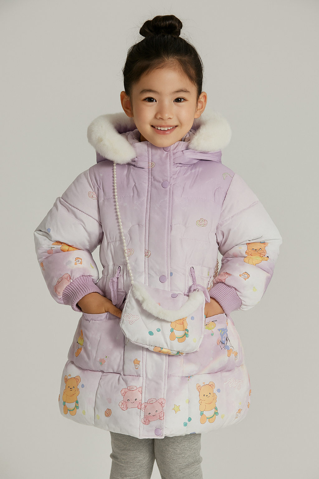 light purple winter coat with cute teddy bear prints, white faux fur hood, and matching small purse