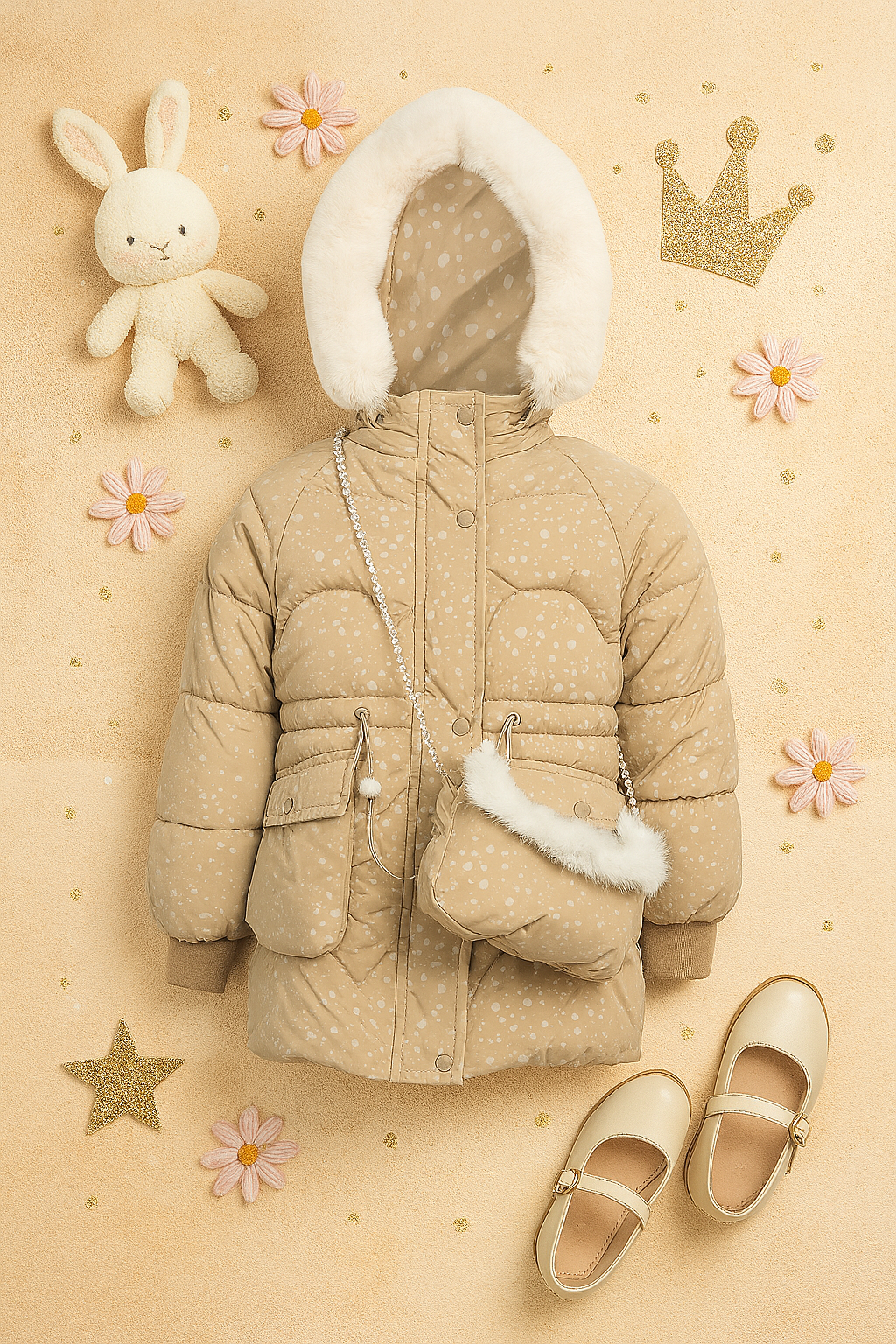 a beige girls’ puffer jacket with white polka dots, a white faux fur-lined hood, and matching crossbody bag with pearl strap and fur trim