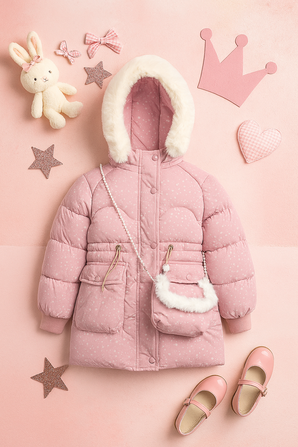 Flat lay of a light pink girls’ winter coat with white faux fur-trimmed hood and matching crossbody bag with pearl strap