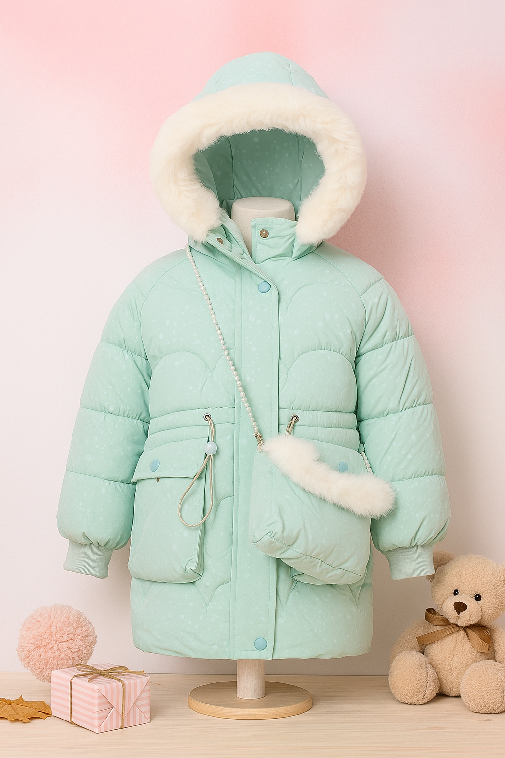 Mint green padded winter coat with a fur-trimmed hood and matching fur-accented crossbody bag displayed on a mannequin