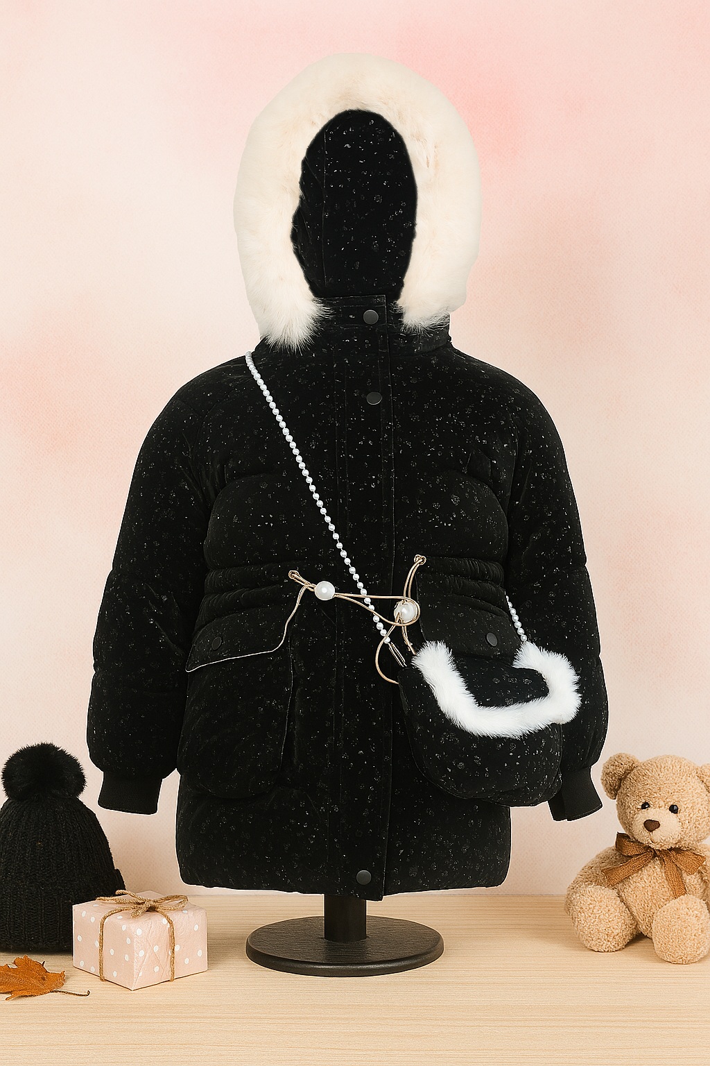 Black children's winter coat with white faux fur hood trim, displayed on a mannequin, featuring a matching black and white faux fur handbag with a pearl strap