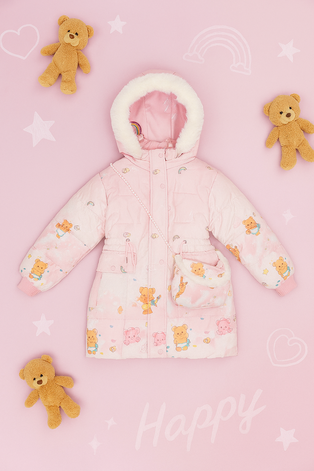 Flat lay of a pink children's winter jacket with teddy bear and rainbow prints, white faux fur-trimmed hood, and matching small shoulder bag with pearl strap