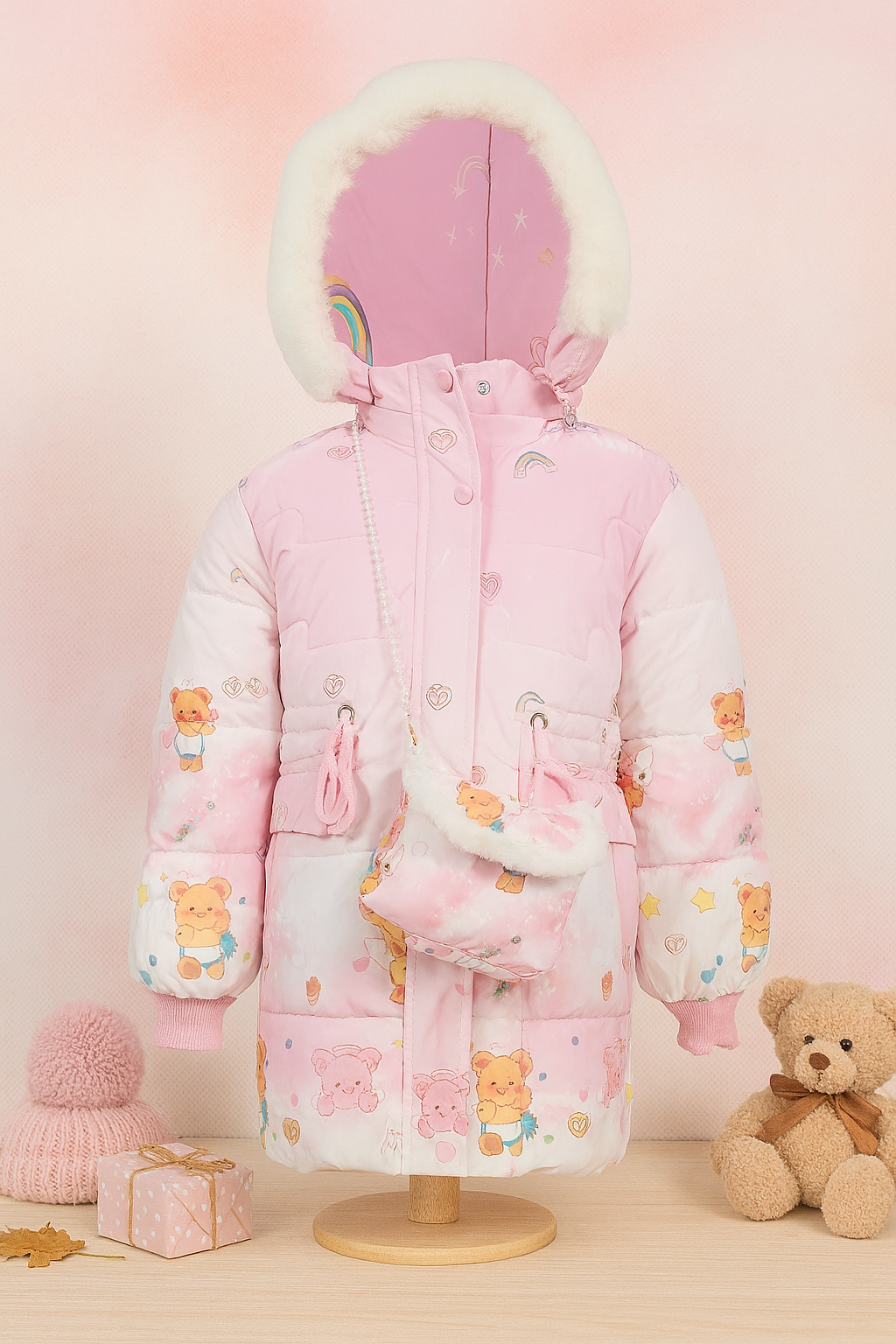 Pink children’s winter jacket with teddy bear and rainbow prints, white faux fur-trimmed hood, and matching small shoulder bag with pearl strap