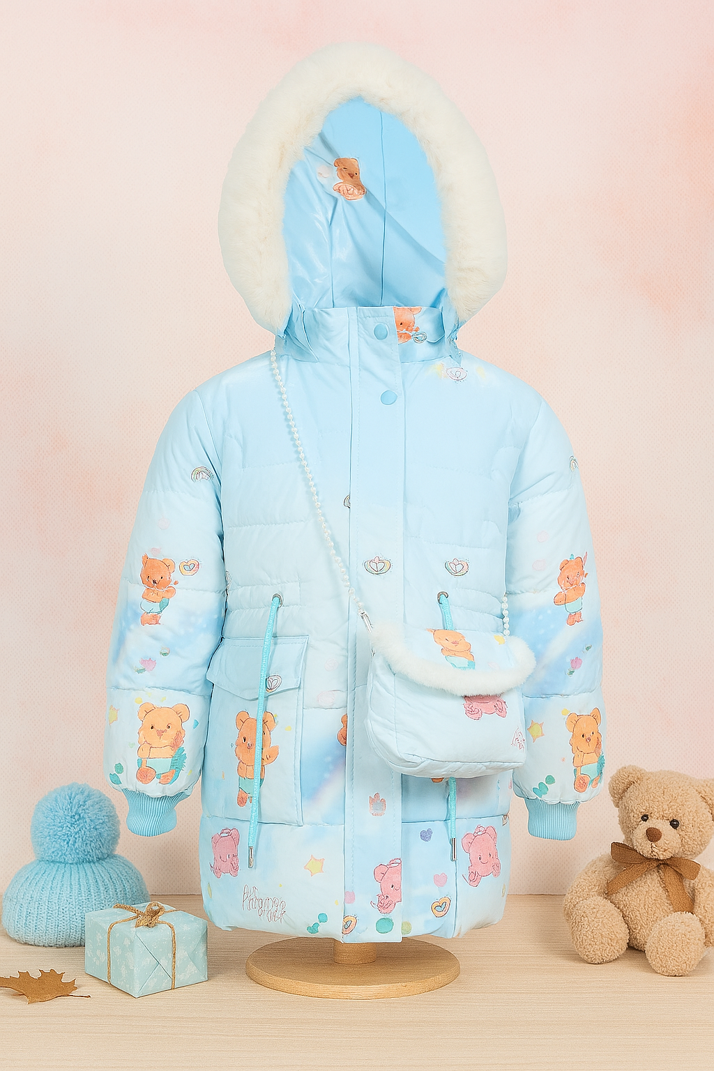 Light blue children's winter coat with a white faux fur hood, colorful teddy bear prints, and a matching crossbody pouch displayed on a mannequin