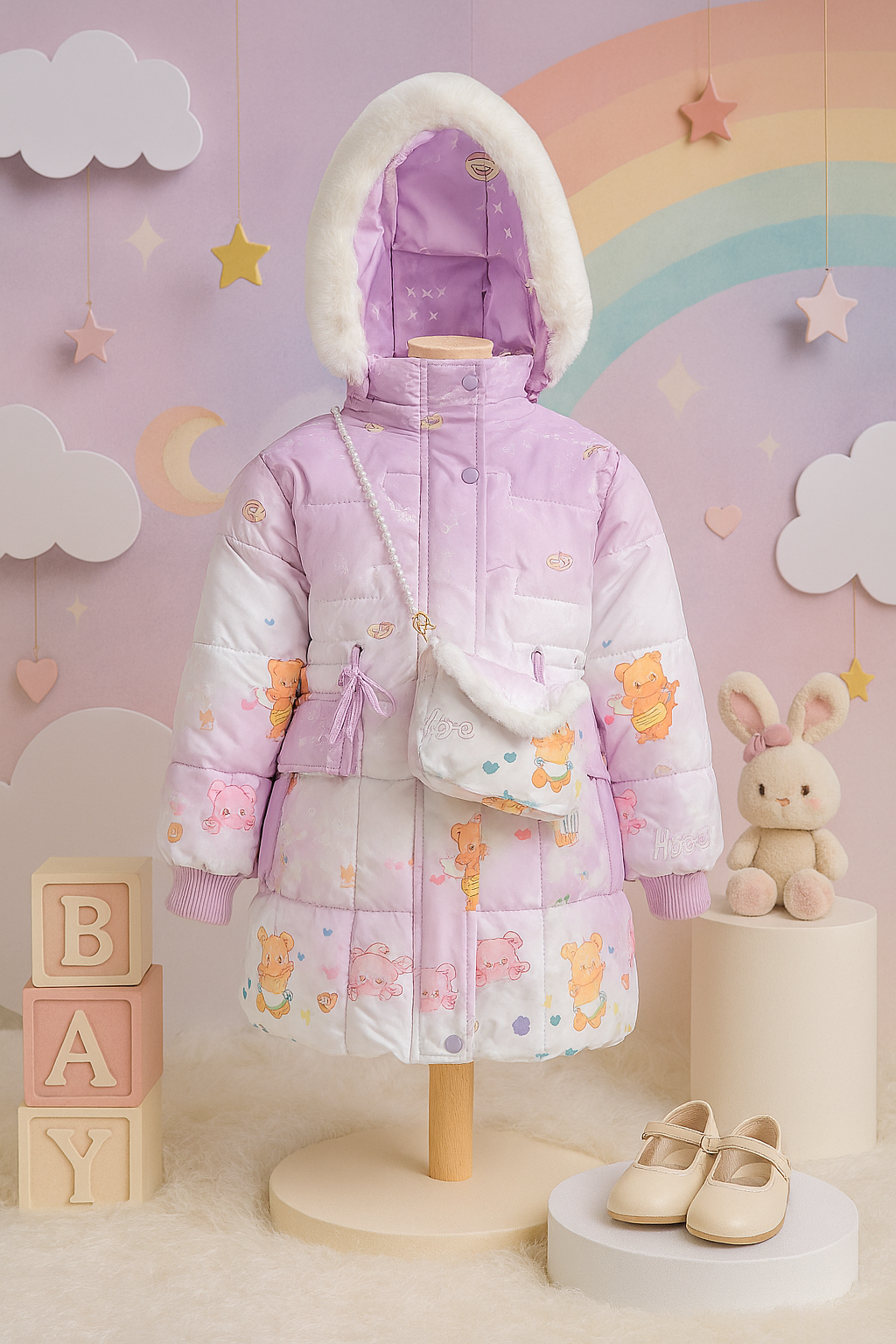 Lilac and white children's winter coat with teddy bear prints, white faux fur hood trim, and matching small purse displayed on a mannequin