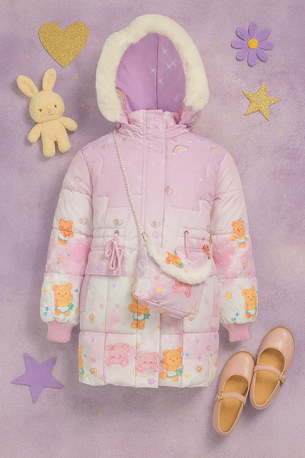 Flat lay of a lilac and white children's winter coat with teddy bear prints, white faux fur hood trim, and matching small purse