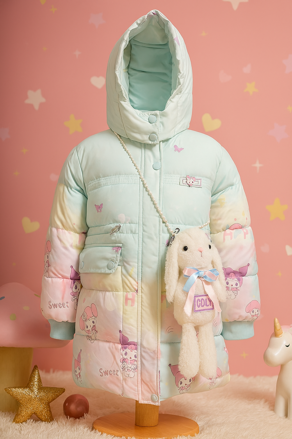 Pastel-colored children’s puffer jacket with a hood, displayed on a mannequin . The jacket features mint green, pink, and yellow tones with My Melody and Kuromi cartoon prints, and comes with a plush white bunny bag adorned with a blue and pink ribbon, hanging from a pearl strap.
