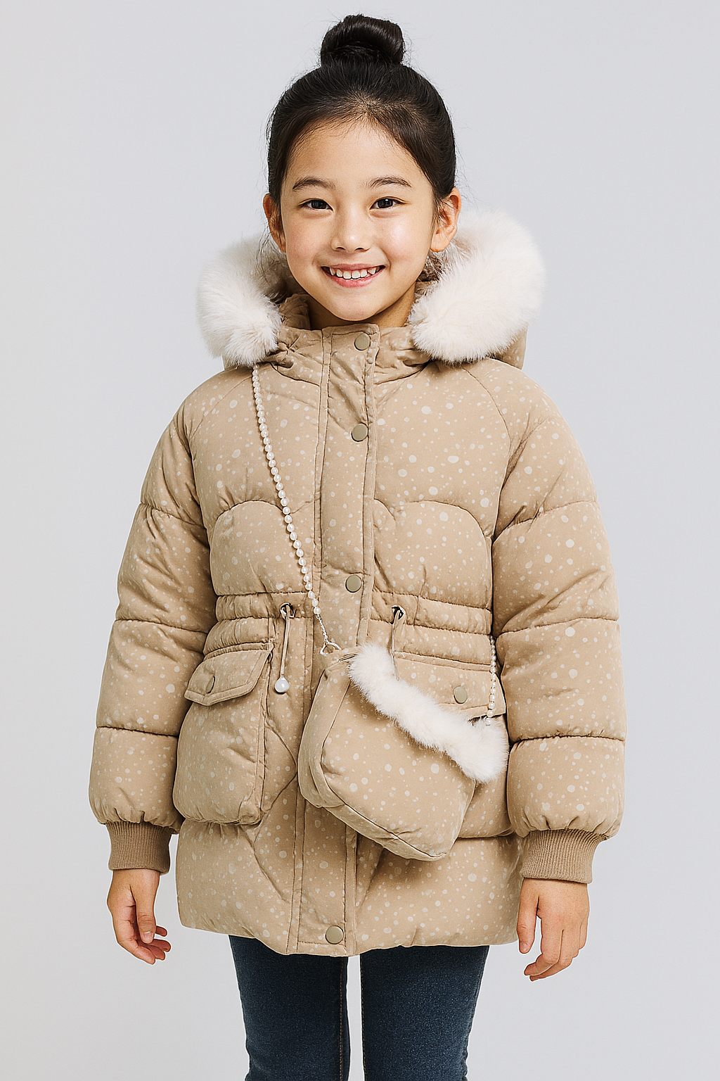a beige winter puffer jacket with white polka dots, a white faux fur-lined hood, and a matching crossbody bag