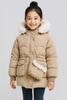 Premium Cream Winter Kids Jacket with White Faux Fur Hood & Stylish Crossbody Detail