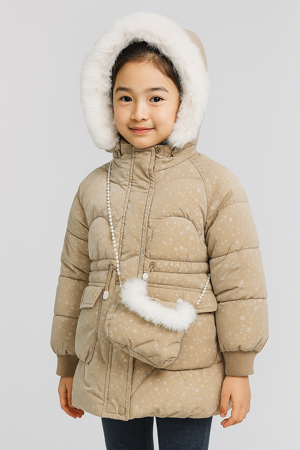 a beige puffer jacket with subtle white polka dots, a white faux fur-lined hood, and a matching beige crossbody bag with pearl strap