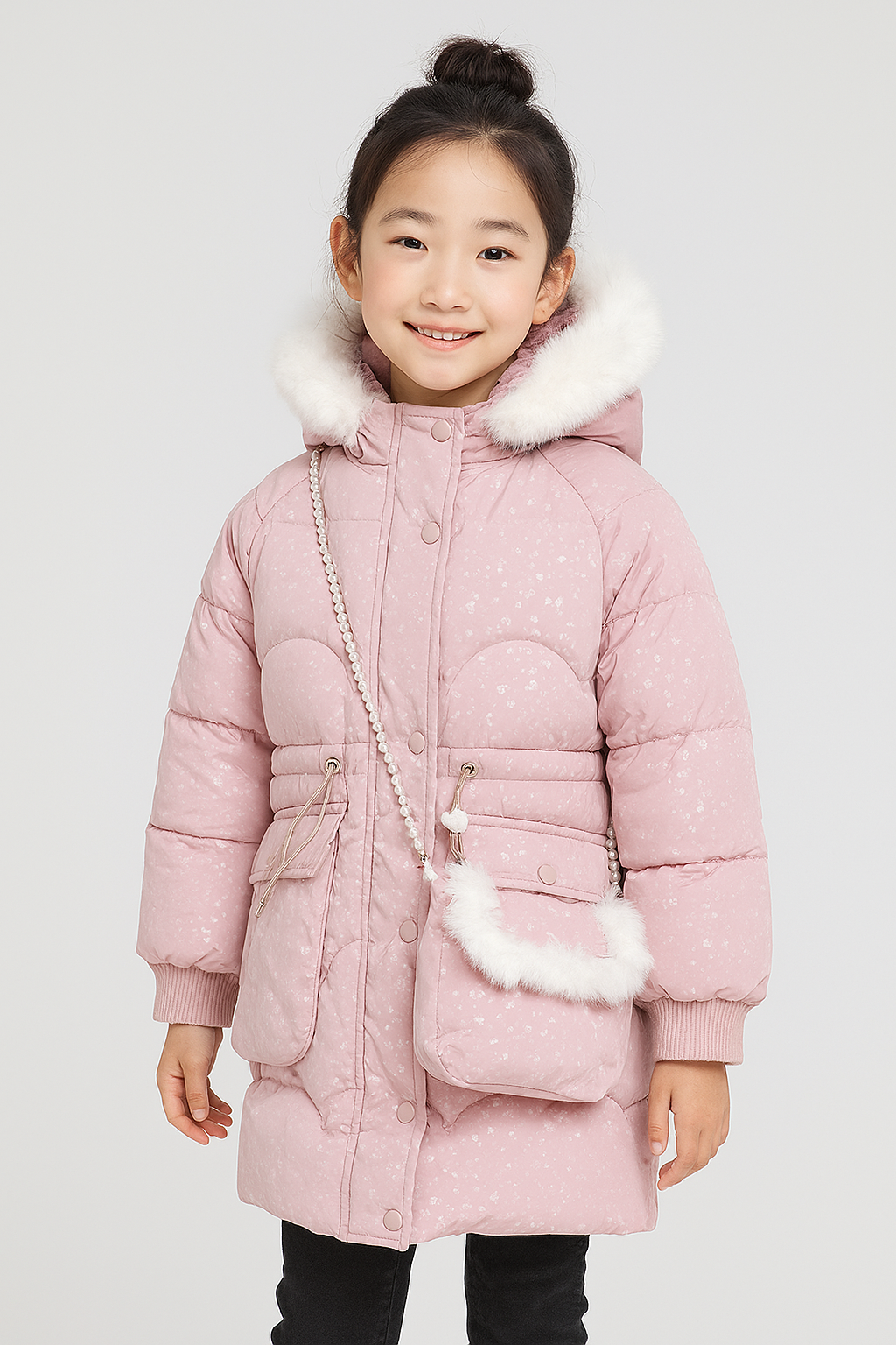 a light pink winter coat with a white faux fur hood, and a matching pink crossbody bag with pearl strap and fur trim