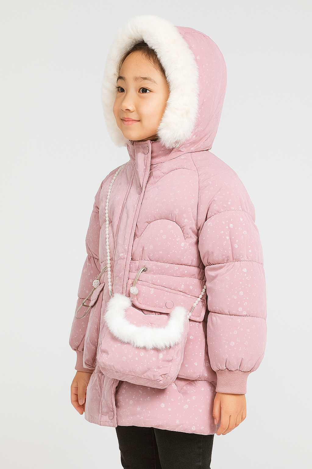 Side view of  a light pink winter coat with white faux fur-trimmed hood, matching pink crossbody bag with pearl strap and fur trim.