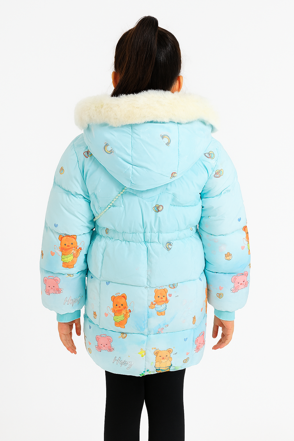 Back view of a light blue winter coat with a white faux fur hood, decorated with colorful teddy bear prints and small patterns