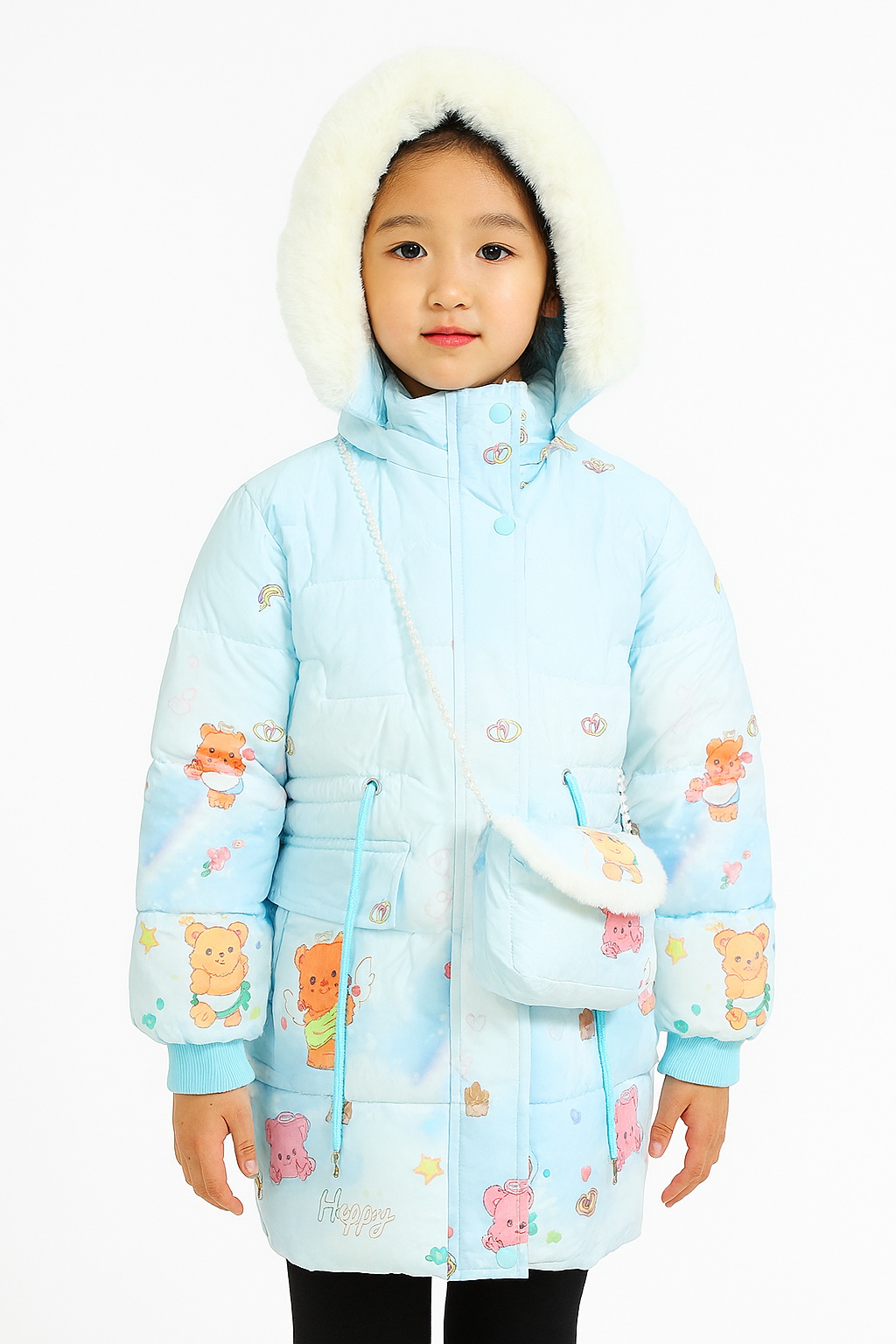 a light blue winter coat with a white faux fur hood, decorated with colorful teddy bear prints and small patterns, paired with a matching crossbody pouch