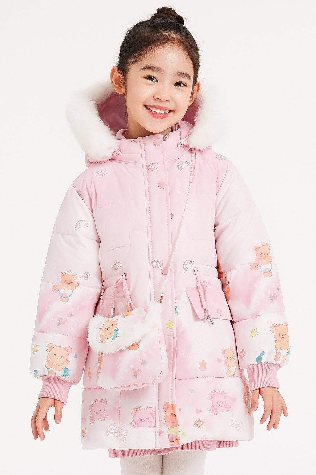 a light pink winter jacket with cute teddy bear and rainbow prints, a white faux fur-trimmed hood, and a matching small shoulder bag with pearl strap.