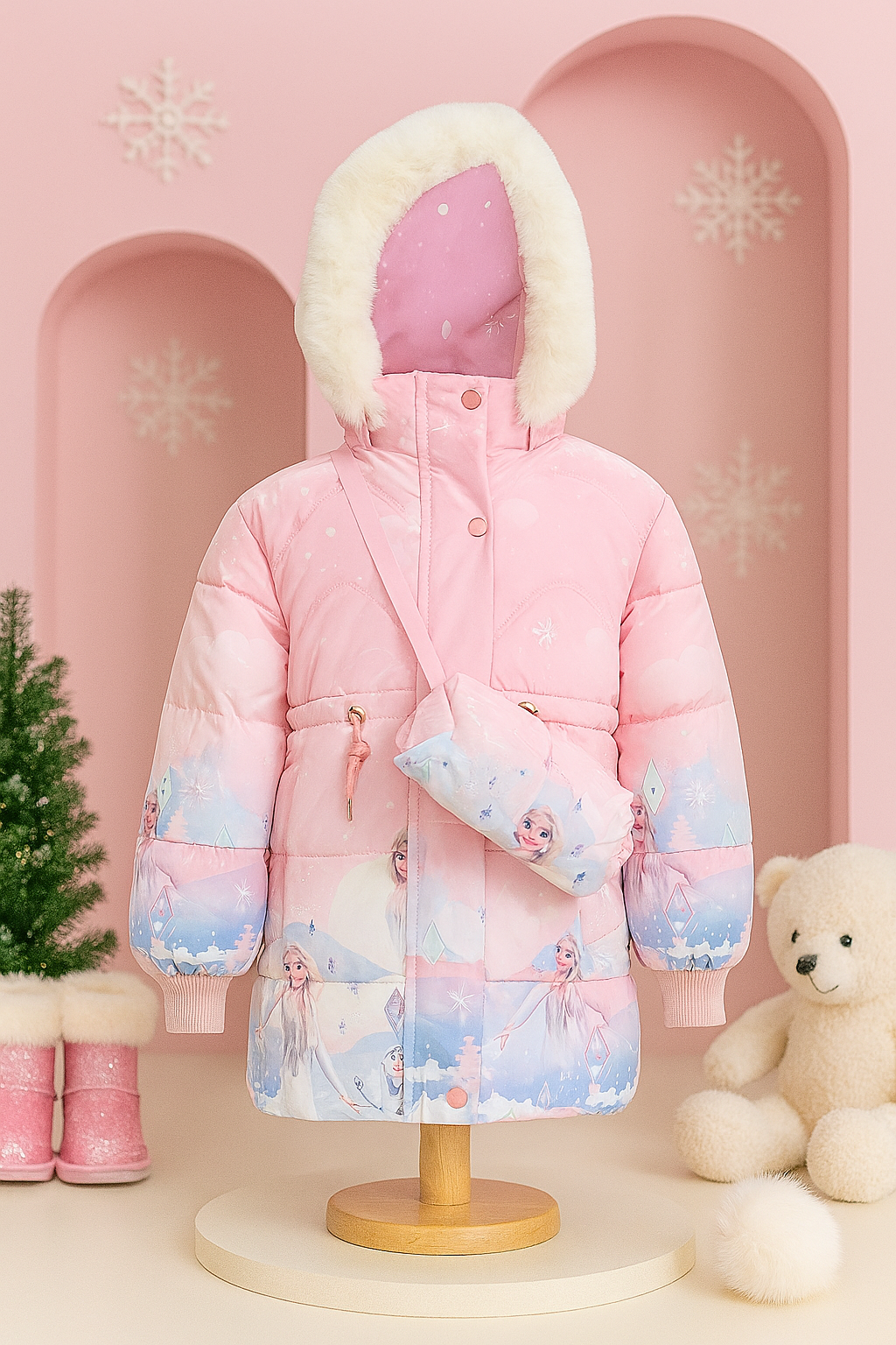 children’s winter jacket with white faux fur hood trim, matching crossbody bag, and Elsa character print, displayed on a mannequin