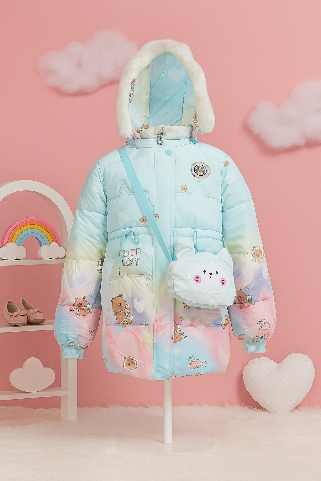 Light blue children's winter coat with pastel rainbow gradient, white faux fur-trimmed hood, cartoon bear and cherry prints, "Cute Baby" text, and a matching light blue crossbody bag shaped like a bunny face with pink button cheeks displayed on mannequin