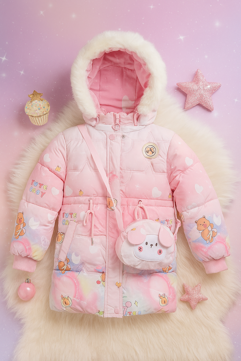 Pink children’s winter coat with white faux fur-lined hood, decorated with bear and heart prints, “Cute Baby” text, and paired with a matching crossbody bag shaped like a dog face.