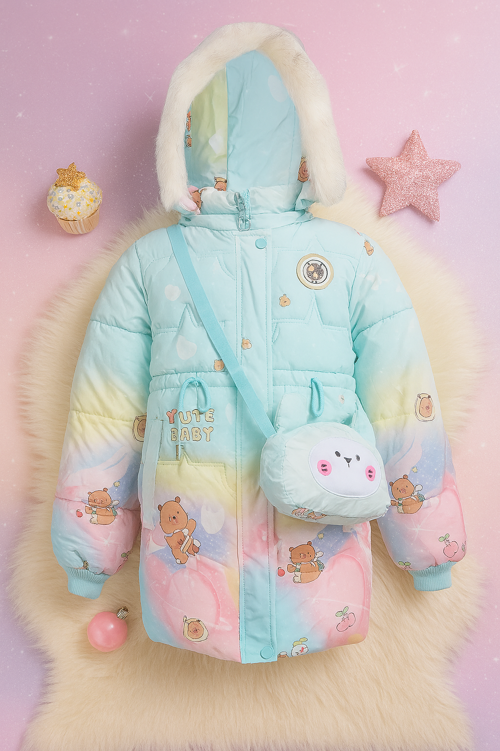 Light blue children's winter coat with pastel rainbow gradient, white faux fur-trimmed hood, cartoon bear and cherry prints, "Cute Baby" text, and a matching light blue crossbody bag shaped like a bunny face