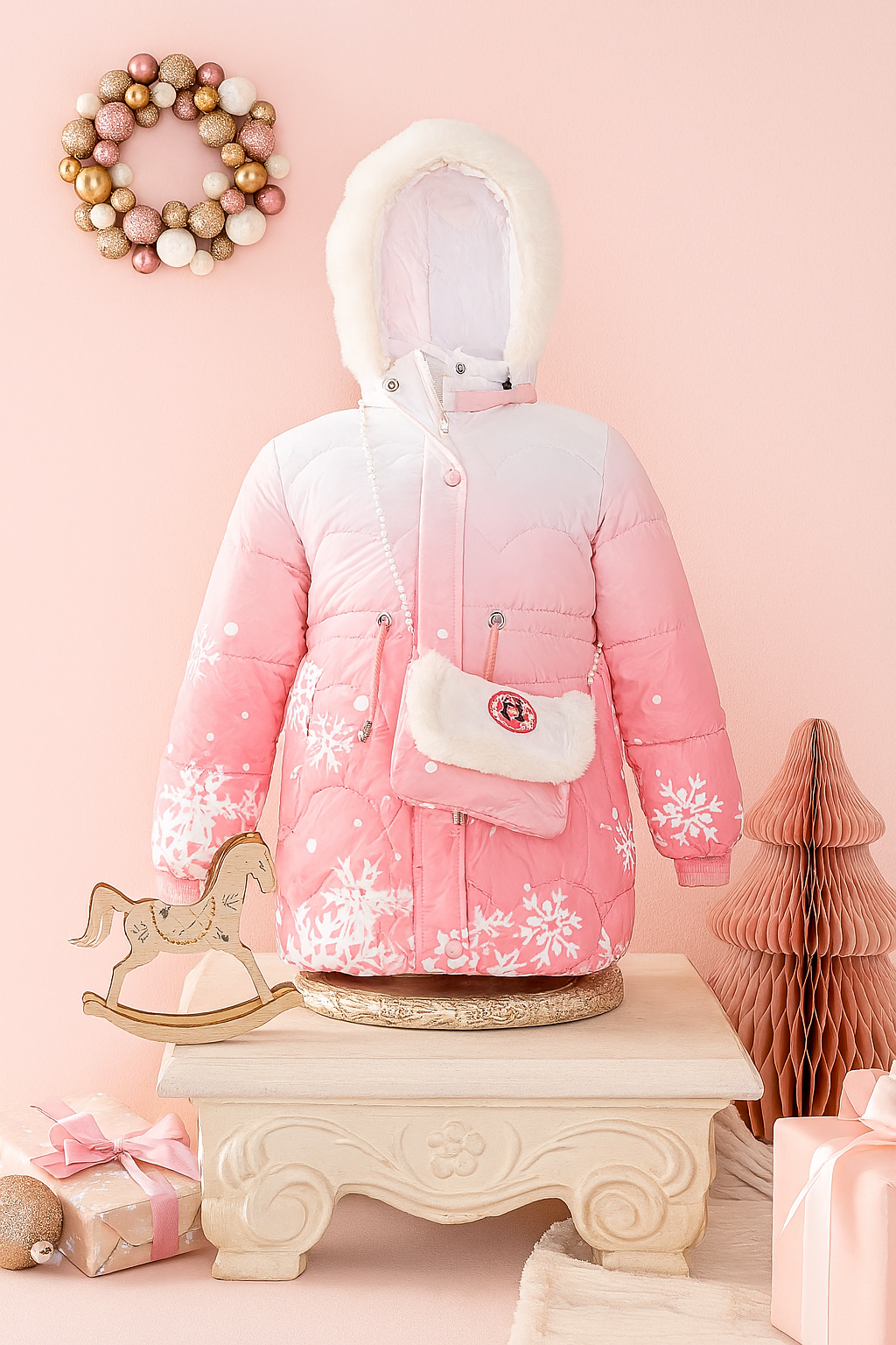ChatGPT said:
Pink and white gradient winter coat with white snowflake patterns, a faux fur-trimmed hood, and a matching white faux fur purse with a pearl strap, displayed on a mannequin