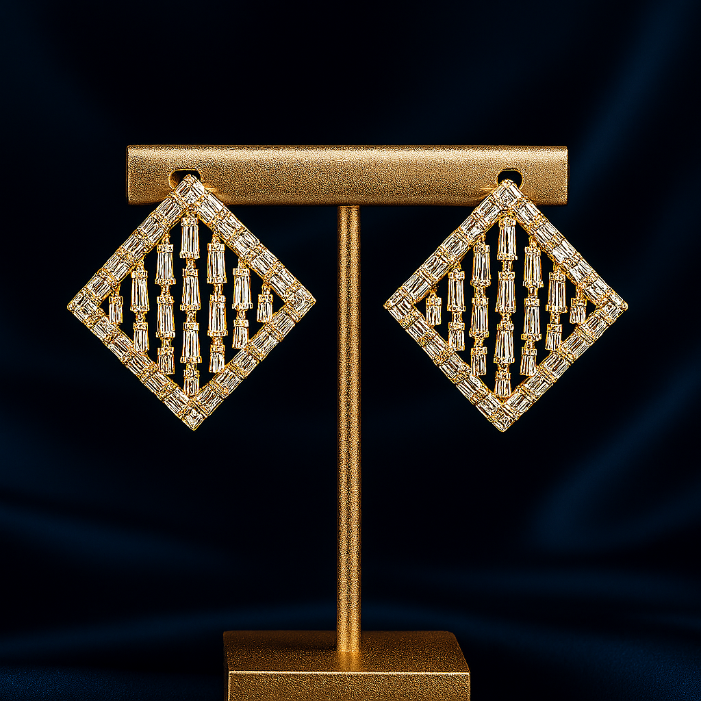 Luxury gold-plated geometric square earrings with baguette zircon detailing