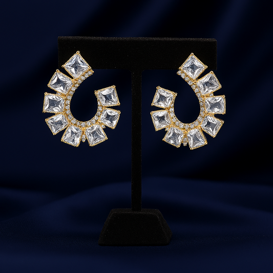 Elegant gold-plated statement hoop earrings with sparkling square zircon stones