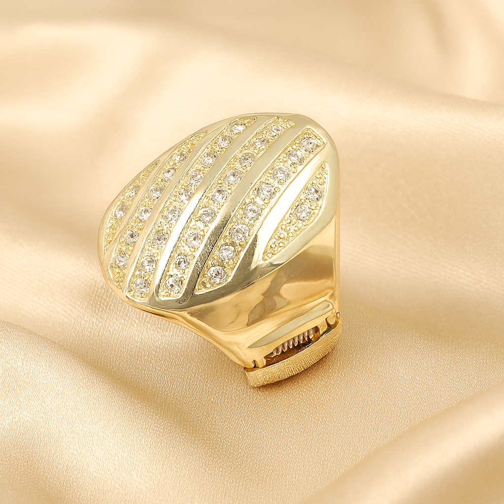 Elegant triangular gold plated bracelet with multiple rows of sparkling cubic zirconia stones, displayed on a luxurious satin background