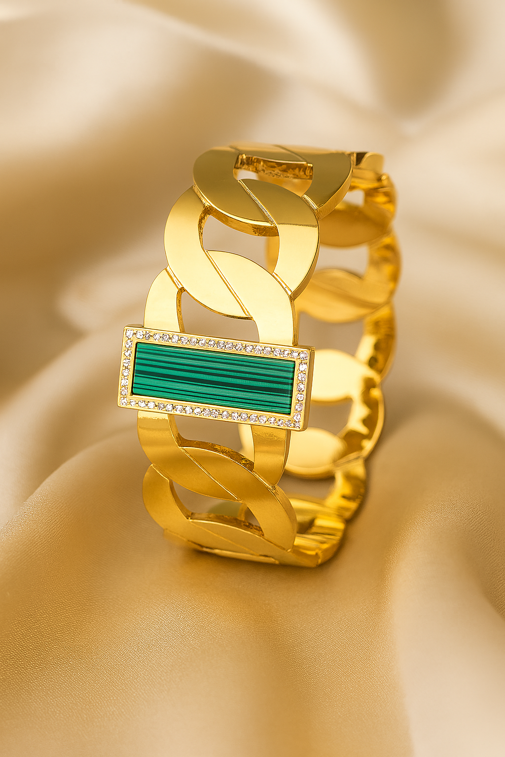 Luxurious gold-plated chain link bracelet with a rectangular green malachite centerpiece framed by sparkling cubic zirconia