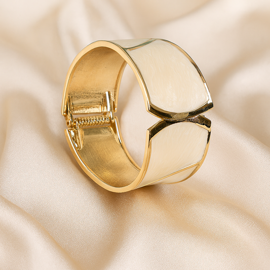 Elegant gold-plated wide cuff bracelet with ivory enamel inlay