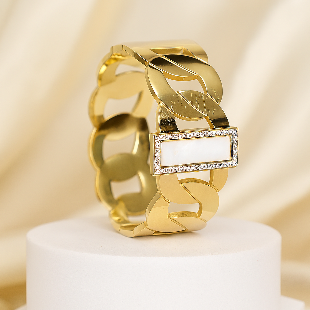 Luxury gold-plated chunky chain bracelet with a mother of pearl centerpiece and cubic zirconia accents