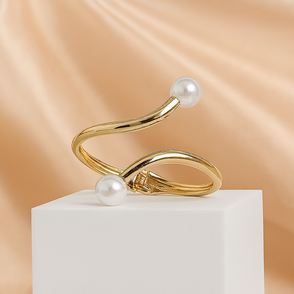 Stylish gold-plated open cuff bracelet adorned with twin pearls