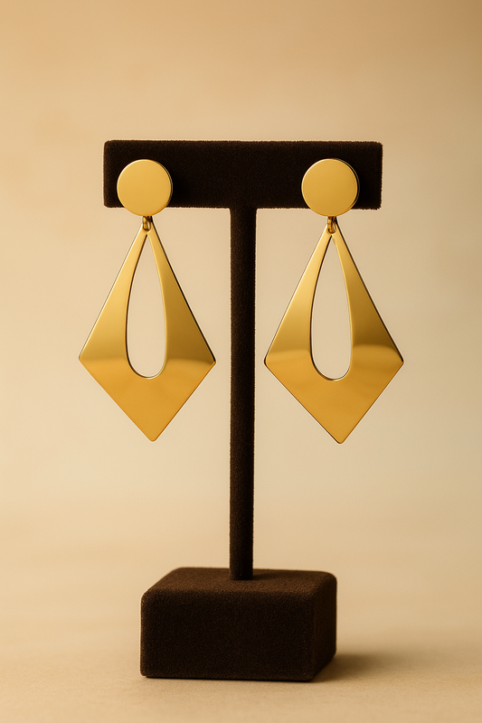 Bold geometric gold drop earrings with diamond-shaped cutout design