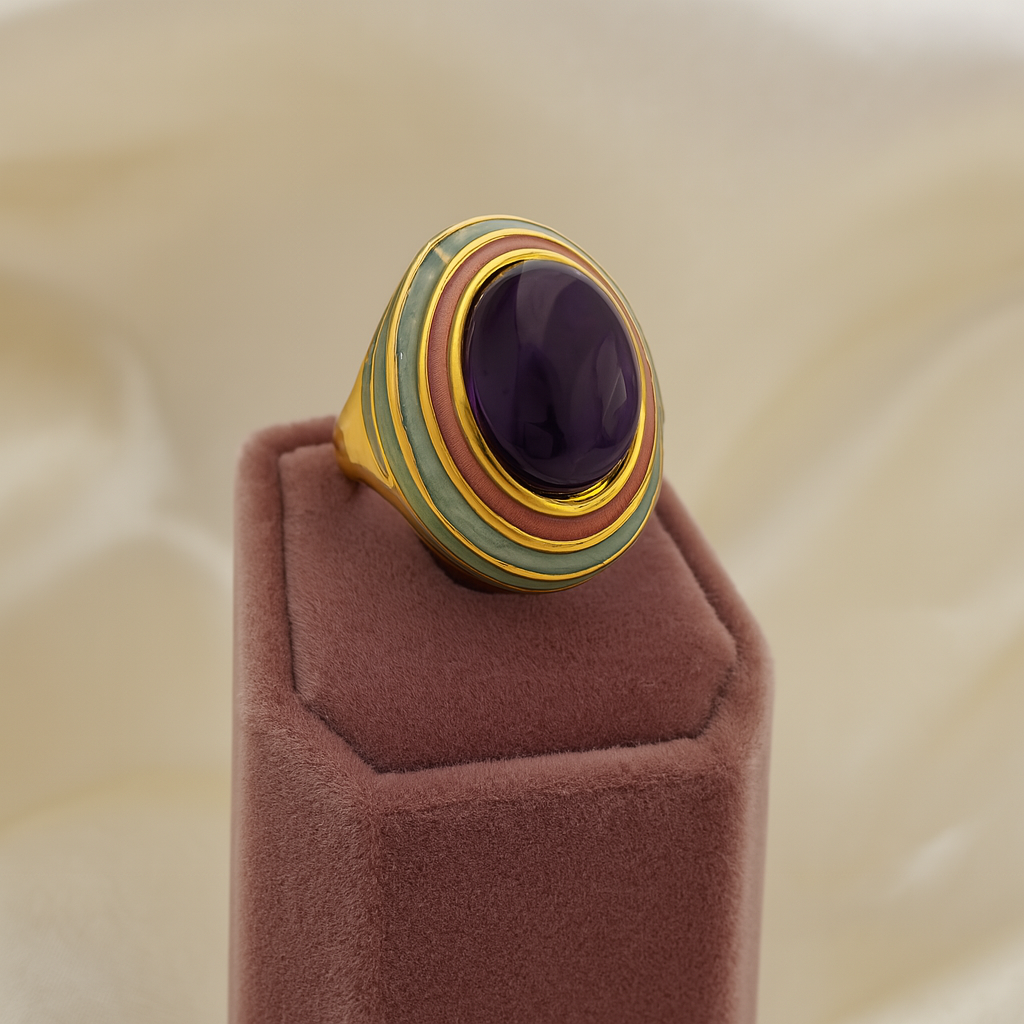 Luxury gold-plated anti-tarnish ring with an oval purple stone