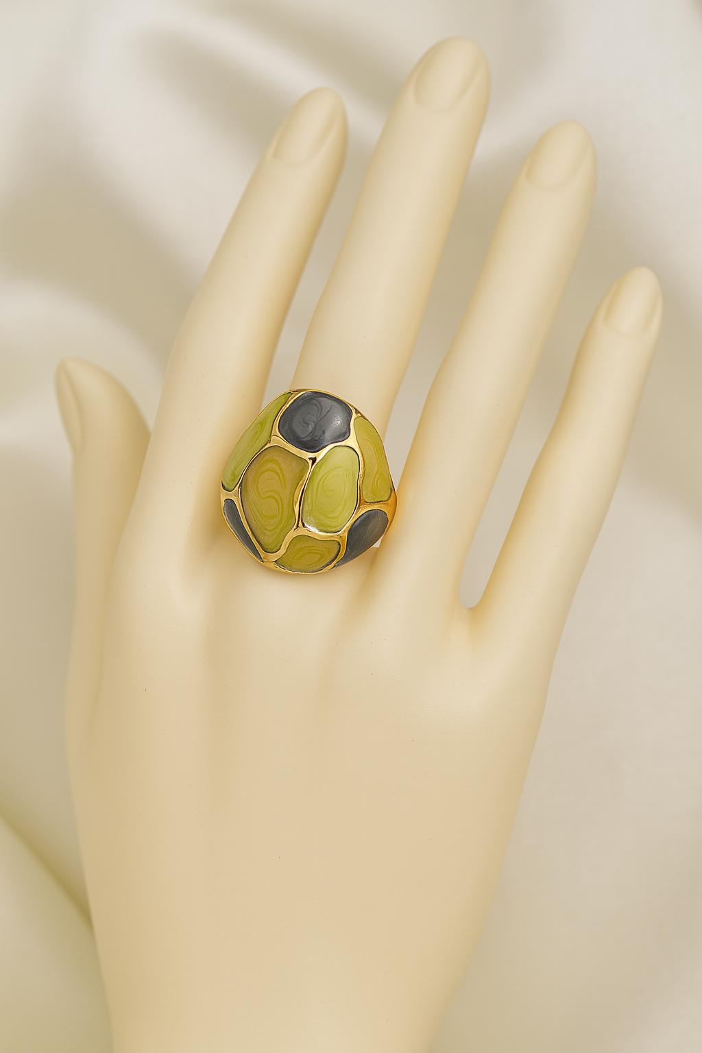 Gold-plated anti-tarnish statement ring with green and grey enamel mosaic design