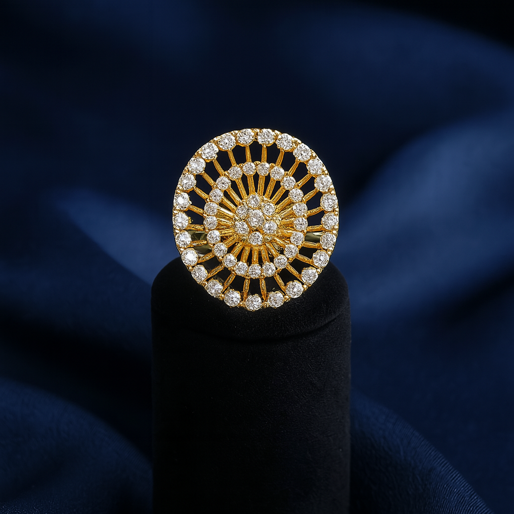 Luxury gold-plated zirconic stone ring with radiant circular pattern and sparkling cubic zirconia.