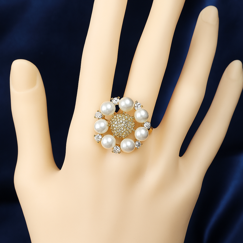 Large gold-plated pearl and zirconic stone ring