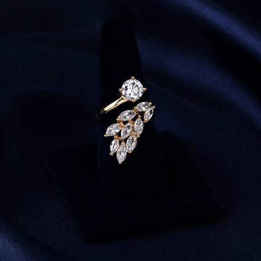 Luxury gold plated zirconic leaf design ring with brilliant stones