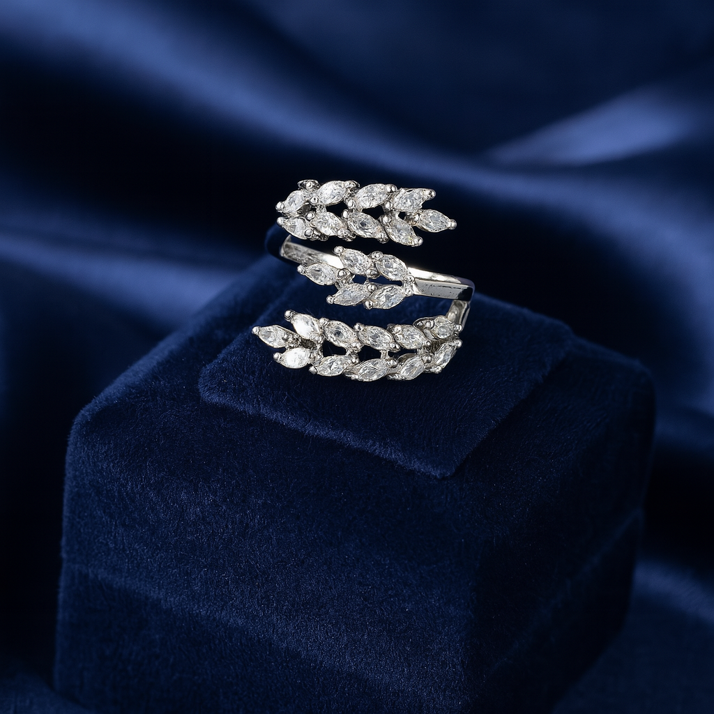 Silver-plated zirconic leaf design adjustable ring