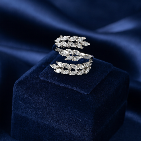 Silver-plated zirconic leaf design adjustable ring